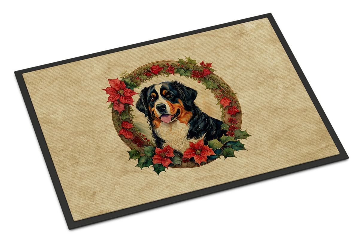 Bernese Mountain Dog Christmas Flowers Doormat Front Door Mat Indoor Outdoor Rugs For Entryway, Non Slip Washable Low Pile, 24H X 36W_maomaolike.com