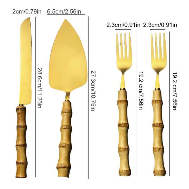 Nature Bamboo Handle Flatware, 4-Piece Set, Stainless Steel 18/10 Food Safety Grade Silverware Cutlery Set Wedding Cake Cutting Set Shovel Knife Fork_maomaolike.com