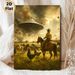 Cowboy & UFO Themed Painting Poster, Vintage Western Style Dramatic Rural Scene Poster, Unique Surreal Artwork Ideal For Living Room, Study Wall Decor_maomaolike.com