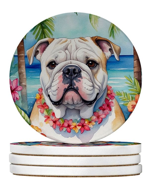 English Bulldog Luau Large Sandstone Coasters Pack Of 4 Absorbent Round Coasters Decor Gifts For Men Or Women, 4 In, Multicolor_maomaolike.com