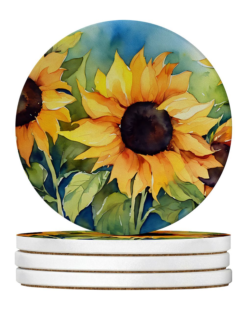 Sunflowers In Watercolor Large Sandstone Coasters Pack Of 4 Absorbent Round Coasters Decor Gifts For Men Or Women, 4 In, Multicolor_maomaolike.com