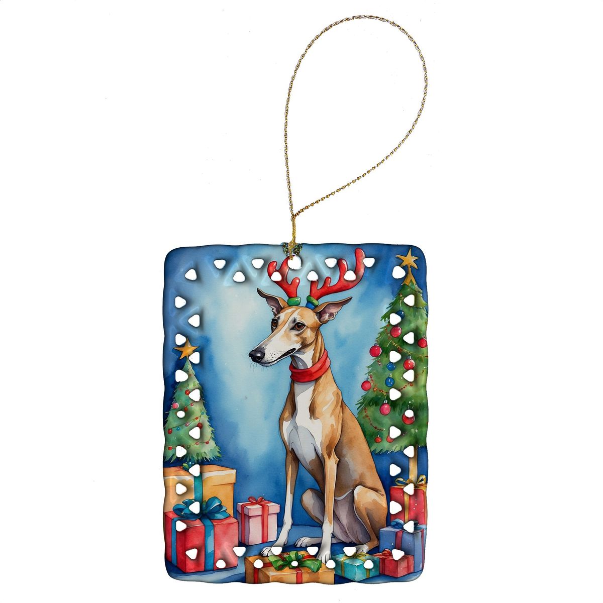 Greyhound Christmas Reindeer Porcelain Ornament Christmas Tree Hanging Decorations For Home Christmas Holiday, Rectangle, Gift, Multicolor_maomaolike.com