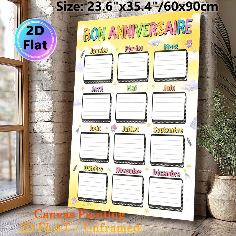 French Birthday Anniversary Tracking Chart Painting Poster, Colorful Cartoon-style Cheerful Poster, Functional To Record Monthly Birthdays, Suitable_maomaolike.com