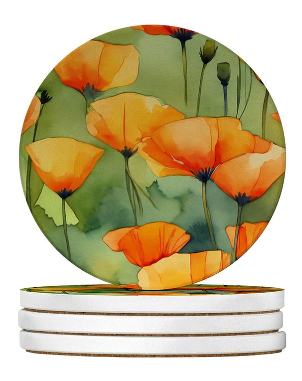 California California Poppies In Watercolor Large Sandstone Coasters Pack Of 4 Absorbent Round Coasters Decor Gifts For Men Or Women, 4 In, Multicolor_maomaolike.com