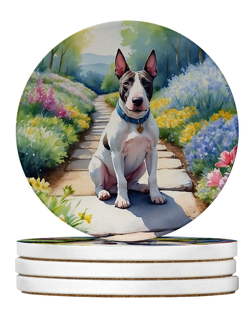 Bull Terrier Spring Path Large Sandstone Coasters Pack Of 4 Absorbent Round Coasters Decor Gifts For Men Or Women, 4 In, Multicolor_maomaolike.com