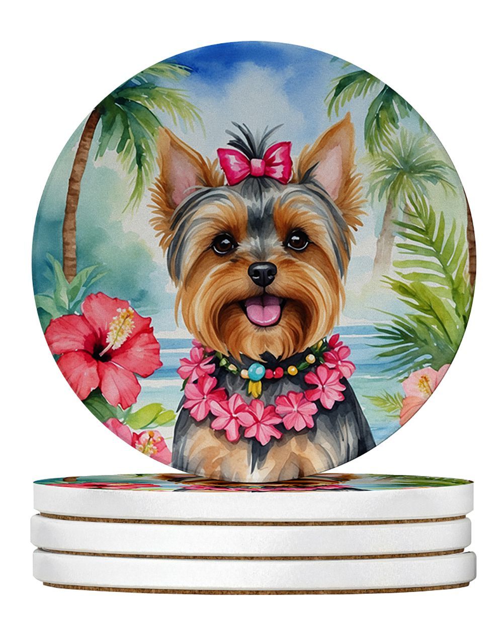 Yorkshire Terrier Luau Large Sandstone Coasters Pack Of 4 Absorbent Round Coasters Decor Gifts For Men Or Women, 4 In, Multicolor_maomaolike.com