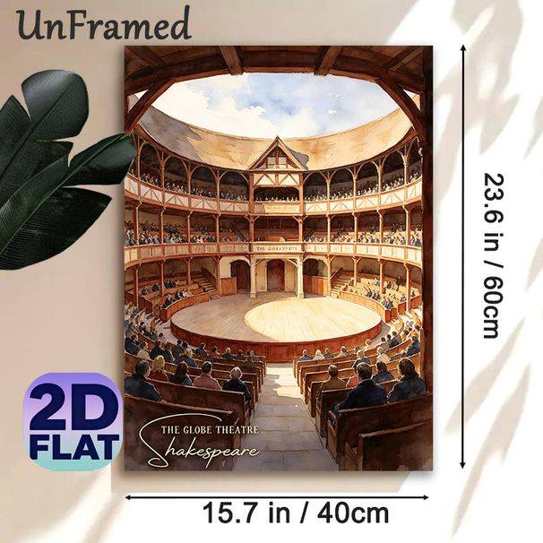 Globe Theatre Shakespeare Painting Poster, Warm-toned Watercolor-style Poster, Detailed Historic Theatre With Audience Scene, Infuses Literary_maomaolike.com