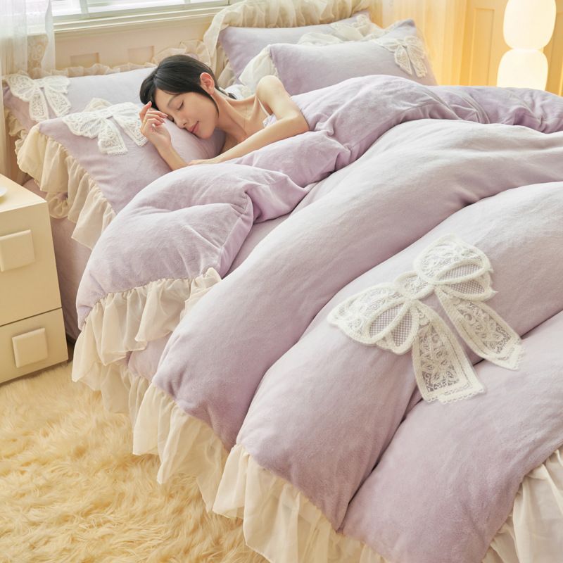 Korean Style Princess Heart Autumn Winter Milk Four-Piece Thickened Warm Lace Bedding Set Double-Sided Velvet_maomaolike.com