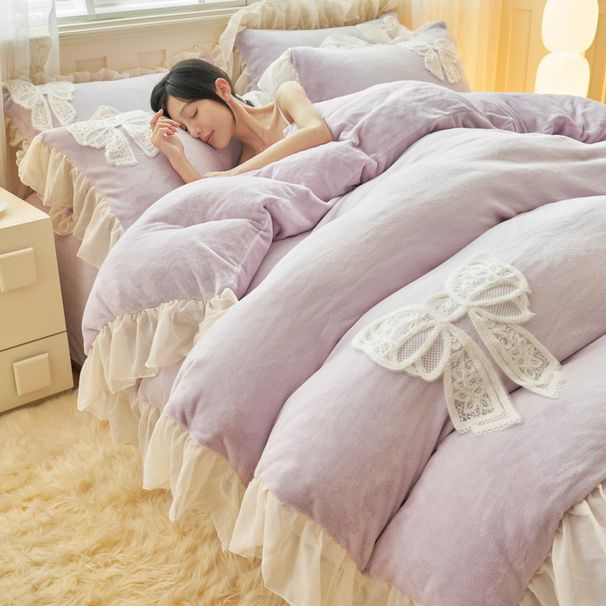 Korean Style Princess Heart Autumn Winter Milk Four-Piece Thickened Warm Lace Bedding Set Double-Sided Velvet_maomaolike.com
