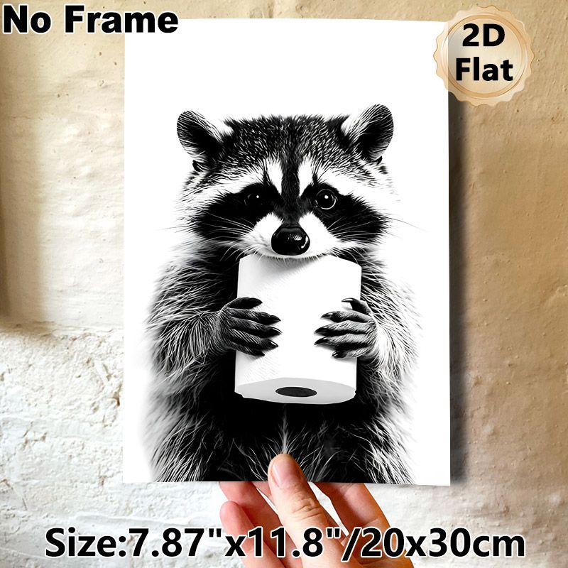 Raccoon With Toilet Paper Painting Poster, Monochrome Realistic Animal Portrait Poster, Humorous Quirky Decor Ideal For Bathroom, Living Room_maomaolike.com
