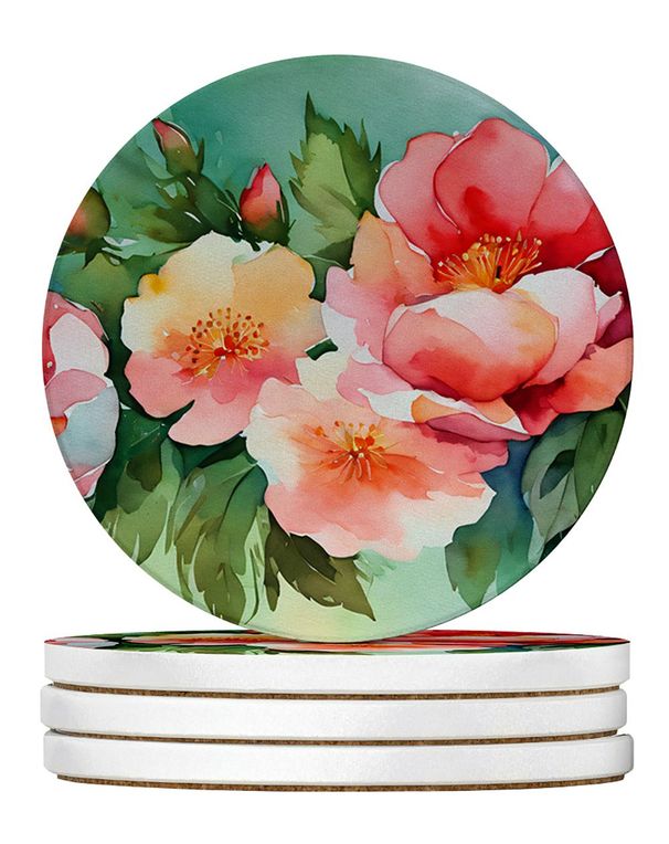Georgia Cherokee Rose In Watercolor Large Sandstone Coasters Pack Of 4 Absorbent Round Coasters Decor Gifts For Men Or Women, 4 In, Multicolor_maomaolike.com