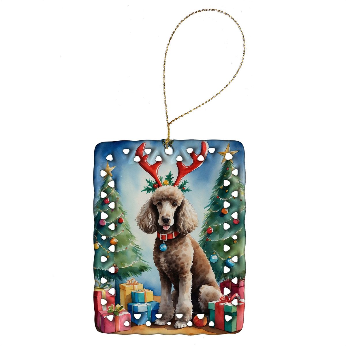 Chocolate Standard Poodle Christmas Reindeer Porcelain Ornament Christmas Tree Hanging Decorations For Home Christmas Holiday, Rectangle, Gift, Multicolor_maomaolike.com