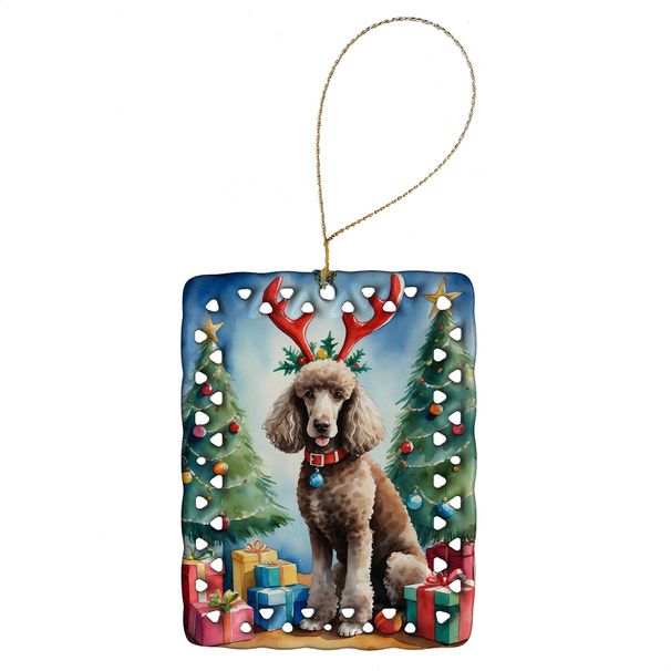 Chocolate Standard Poodle Christmas Reindeer Porcelain Ornament Christmas Tree Hanging Decorations For Home Christmas Holiday, Rectangle, Gift, Multicolor_maomaolike.com