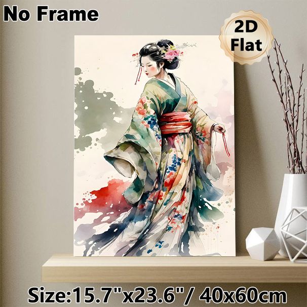 Japanese Geisha Painting Poster, Soft Watercolor Elegant Floral Kimono Geisha Poster, Delicate Artistic Piece Ideal For Living Room, Bedroom And_maomaolike.com