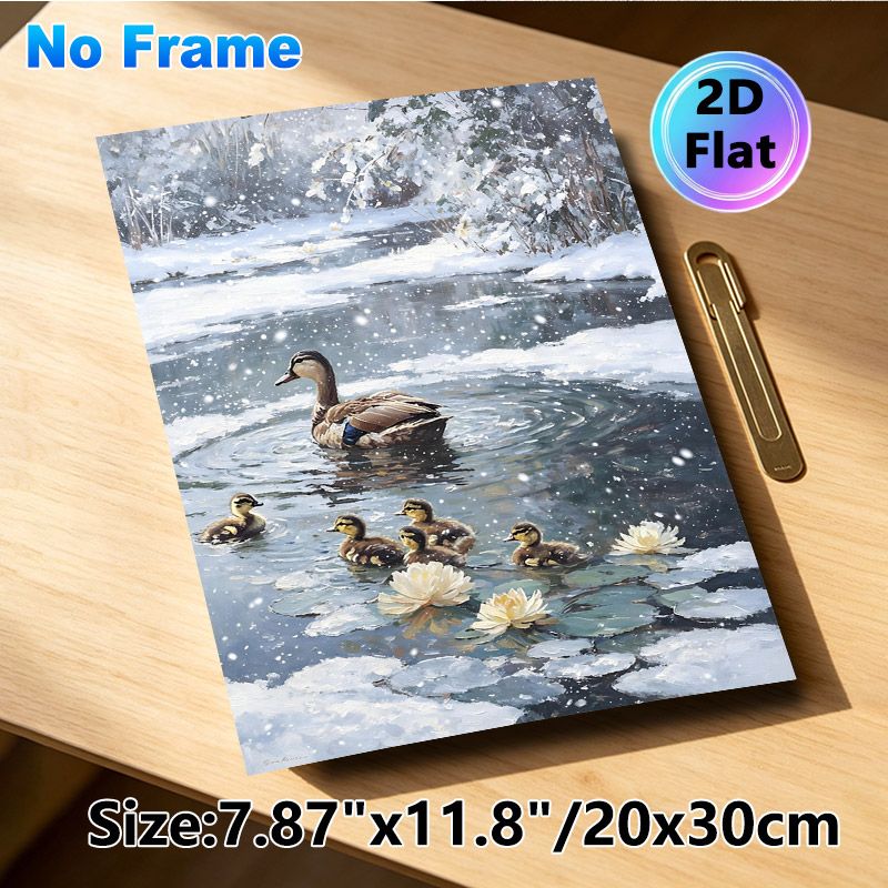 Winter Duck Family Painting Poster, Realistic Oil Painting Style Poster, Peaceful Snowing Pond Scene With Ducklings And Water Lilies, Ideal For Living_maomaolike.com