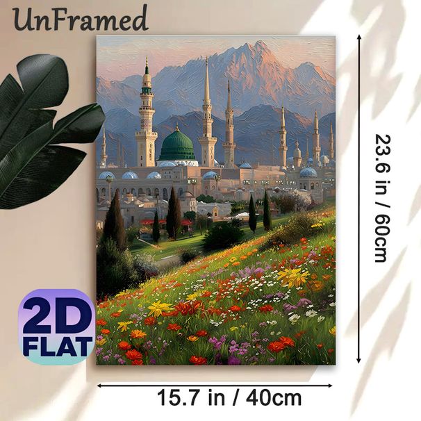 Mosque Themed Painting Poster, Vibrant Textured Oil Painting Style Poster, Scenic Artwork Featuring Mosque, Mountain Backdrop & Blooming Wildflower_maomaolike.com