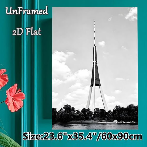 Riga Radio Tower Painting Poster, Monochrome Minimalist Architectural Scene Poster, Sleek Urban Landmark Artwork Ideal For Living Room And Office Wall_maomaolike.com
