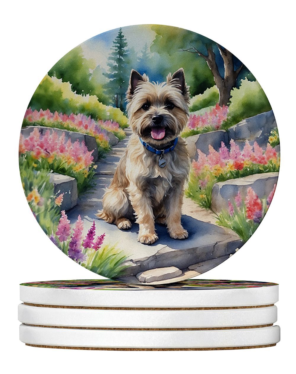 Cairn Terrier Spring Path Large Sandstone Coasters Pack Of 4 Absorbent Round Coasters Decor Gifts For Men Or Women, 4 In, Multicolor_maomaolike.com