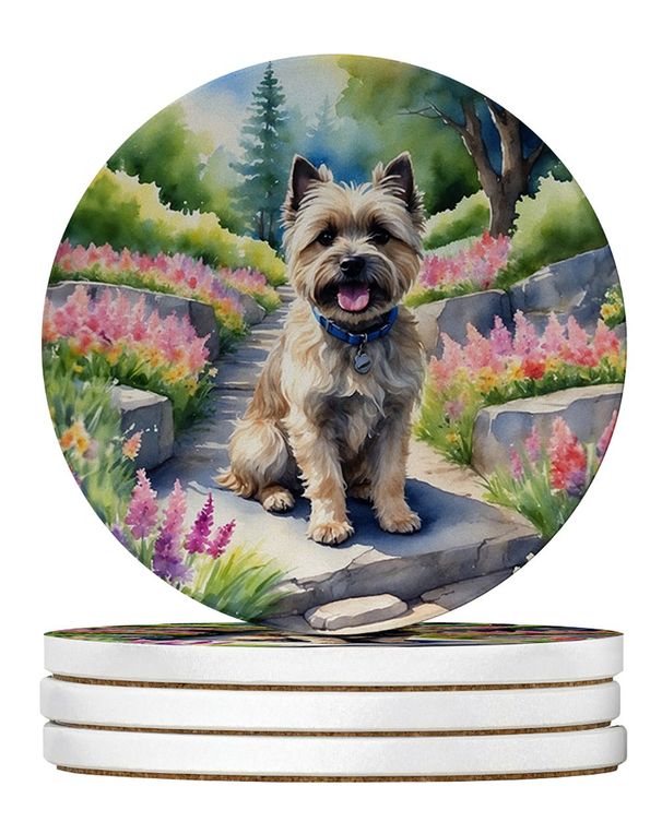 Cairn Terrier Spring Path Large Sandstone Coasters Pack Of 4 Absorbent Round Coasters Decor Gifts For Men Or Women, 4 In, Multicolor_maomaolike.com