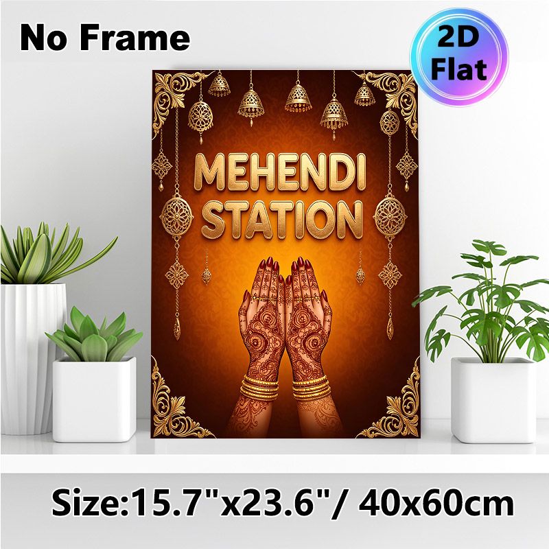 Mehendi Station Themed Painting Poster, Ornate Traditional Indian Style Poster, Features Intricate Henna Art & Golden Decorative Elements, Ideal For_maomaolike.com