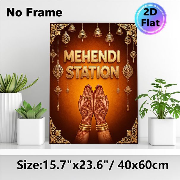 Mehendi Station Themed Painting Poster, Ornate Traditional Indian Style Poster, Features Intricate Henna Art & Golden Decorative Elements, Ideal For_maomaolike.com