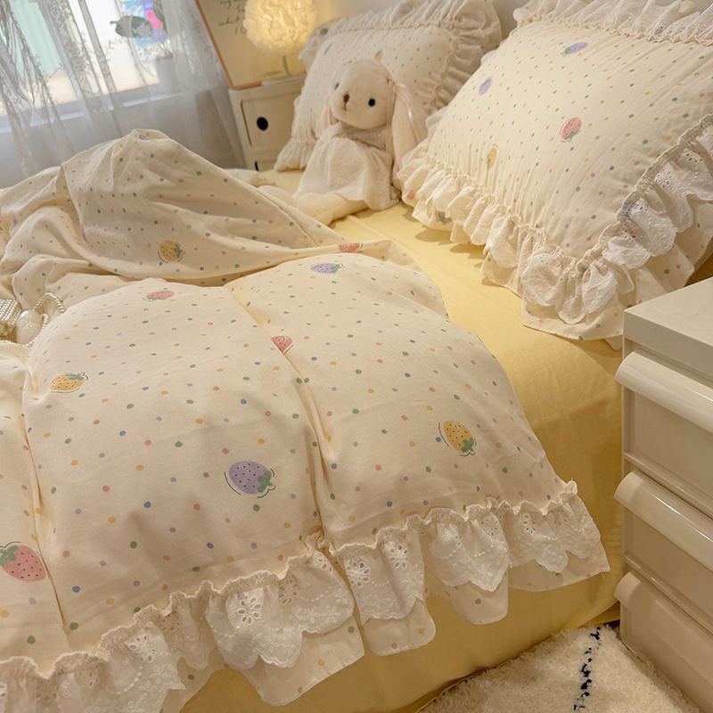 Wholesale INS Korean Style Princess Soft Naked Sleep Double Layer Gauze Full 4-Piece Lace Trim Pure Cotton Four-Piece Set_maomaolike.com