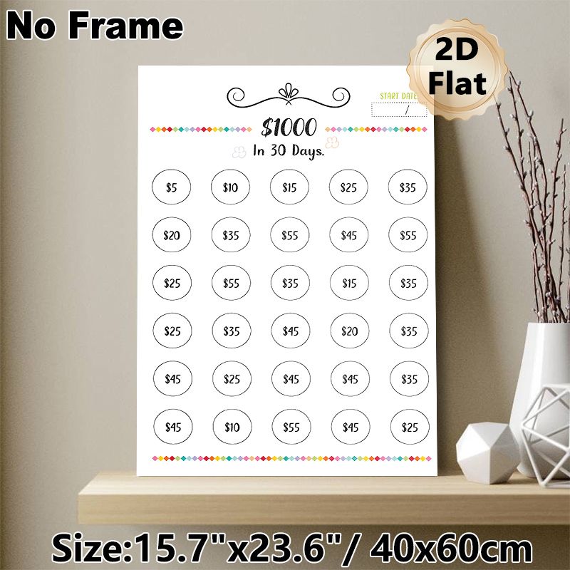 $1000 30-Day Savings Challenge Painting Poster, Cute Hand-drawn Colorful Accented Savings Tracker Poster, Practical Tool To Achieve $1000 Saving Goal_maomaolike.com