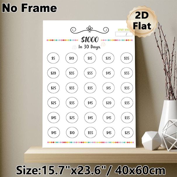$1000 30-Day Savings Challenge Painting Poster, Cute Hand-drawn Colorful Accented Savings Tracker Poster, Practical Tool To Achieve $1000 Saving Goal_maomaolike.com
