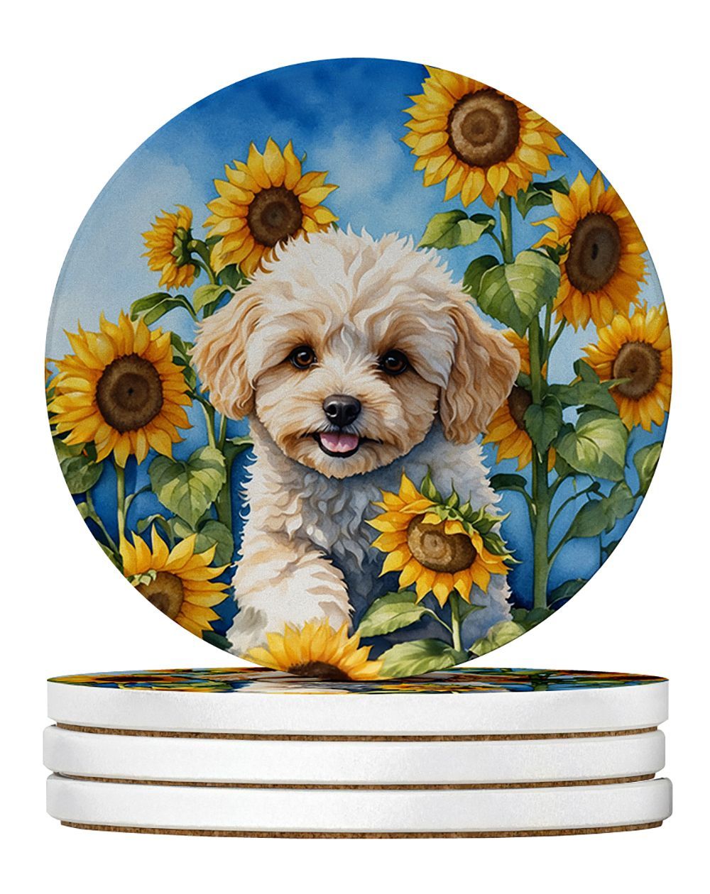 Maltipoo In Sunflowers Large Sandstone Coasters Pack Of 4 Absorbent Round Coasters Decor Gifts For Men Or Women, 4 In, Multicolor_maomaolike.com