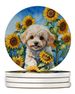Maltipoo In Sunflowers Large Sandstone Coasters Pack Of 4 Absorbent Round Coasters Decor Gifts For Men Or Women, 4 In, Multicolor_maomaolike.com