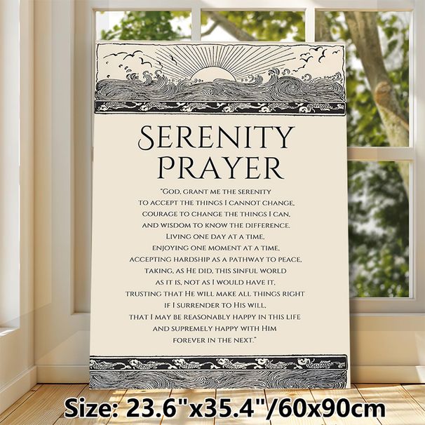 Serenity Prayer Painting Poster, Vintage Monochrome Coastal Wave & Sun Border Poster, Inspirational Spiritual Text Decor For Home, Office And_maomaolike.com