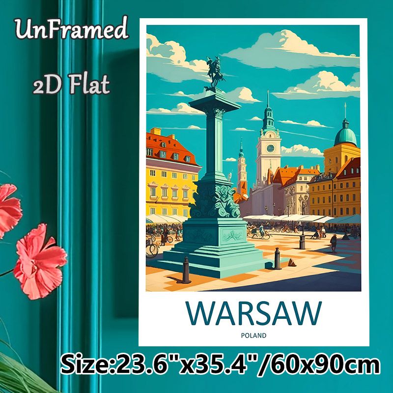 Warsaw Poland Cityscape Painting Poster, Vibrant Retro Illustration Poster, Showcases Iconic Square With Historic Architecture, Ideal For Home, Office_maomaolike.com