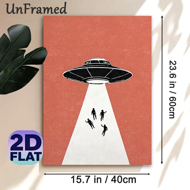 UFO Abduction Painting Poster, Retro Minimalist UFO & Human Silhouettes Poster, Unique Sci-fi Inspired Wall Art Ideal For Living Room, Bedroom, Game_maomaolike.com