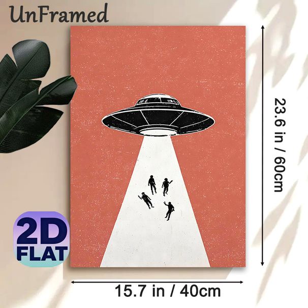 UFO Abduction Painting Poster, Retro Minimalist UFO & Human Silhouettes Poster, Unique Sci-fi Inspired Wall Art Ideal For Living Room, Bedroom, Game_maomaolike.com