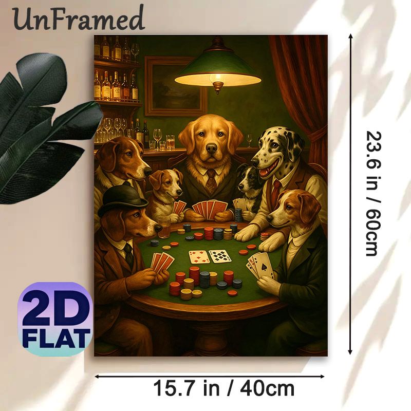 Dogs Playing Poker Painting Poster, Vintage-style Anthropomorphic Dogs Gambling At Table Poster, Whimsical Detailed Decor Ideal For Home Bar, Game_maomaolike.com