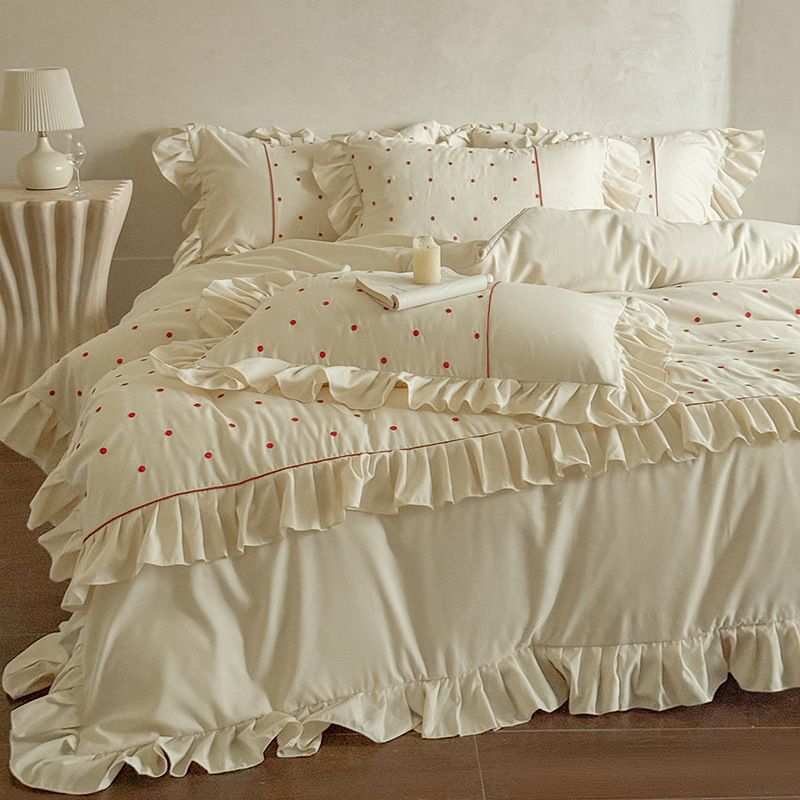 Wholesale French Skin-Friendly Soft Solid Color Embroidered Polka Dot Washed Cotton Four-Piece Princess Style Ruffled Edge 4-Piece_maomaolike.com