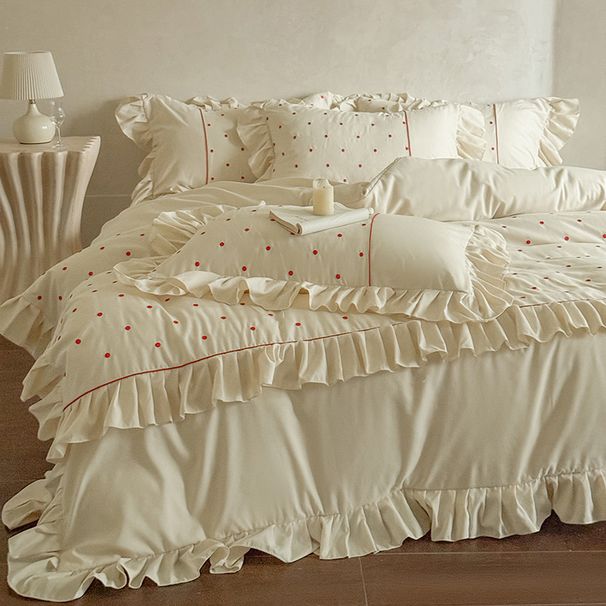 Wholesale French Skin-Friendly Soft Solid Color Embroidered Polka Dot Washed Cotton Four-Piece Princess Style Ruffled Edge 4-Piece_maomaolike.com