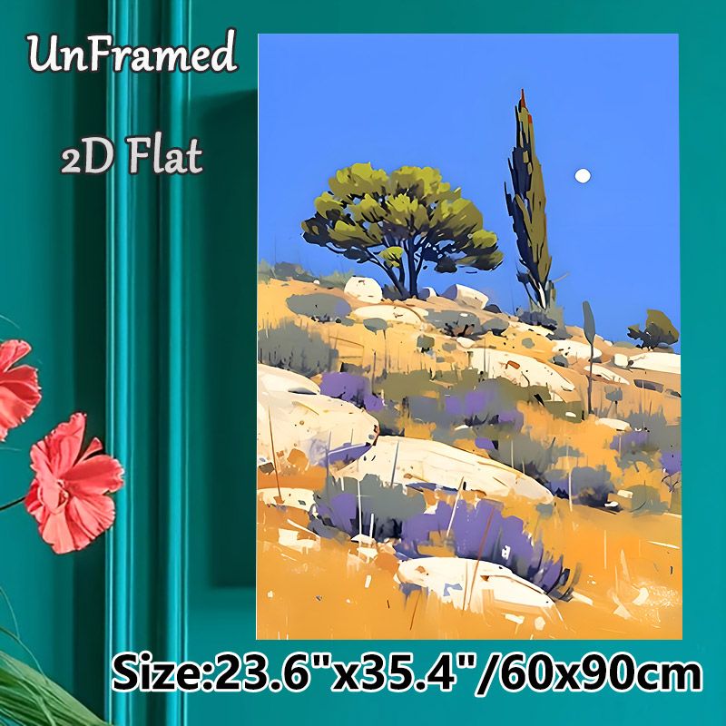 Mediterranean Hillside Painting Poster, Vibrant Stylized Scenery Poster, Sunny Hills With Trees And Rocks Design, Brings Serene Natural Atmosphere_maomaolike.com