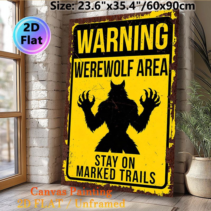 Werewolf Warning Painting Poster, Vintage Distressed Warning Sign Poster, Retro Werewolf Silhouette Design Ideal For Home Wall Decor, Cabin Or_maomaolike.com