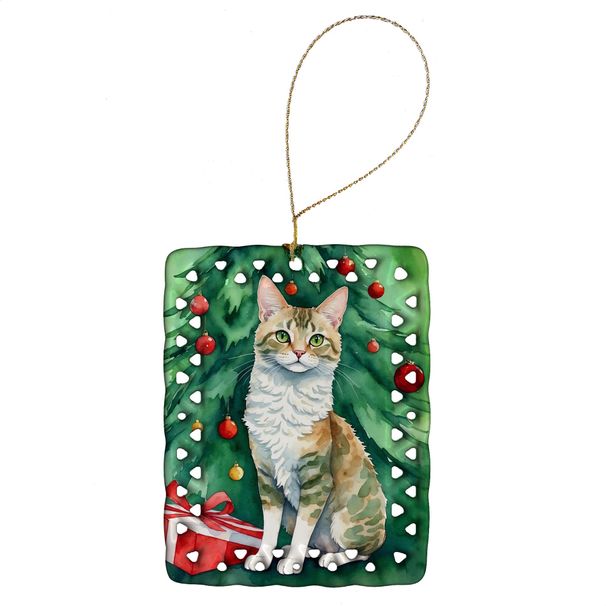 Oregon Rex Cat By The Christmas Tree Porcelain Ornament Christmas Tree Hanging Decorations For Home Christmas Holiday, Rectangle, Gift, Multicolor_maomaolike.com
