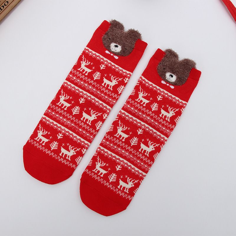 Christmas socks bright red socks cartoon striped women's socks three-dimensional ear socks_maomaolike.com