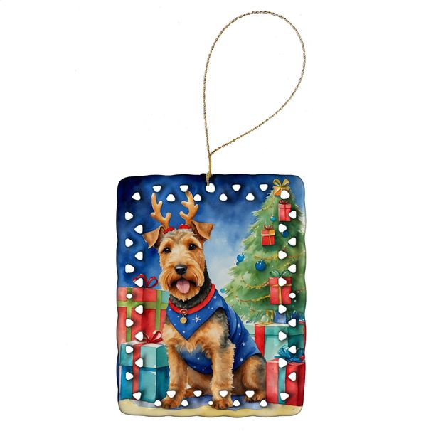 Welsh Terrier Christmas Reindeer Porcelain Ornament Christmas Tree Hanging Decorations For Home Christmas Holiday, Rectangle, Gift, Multicolor_maomaolike.com