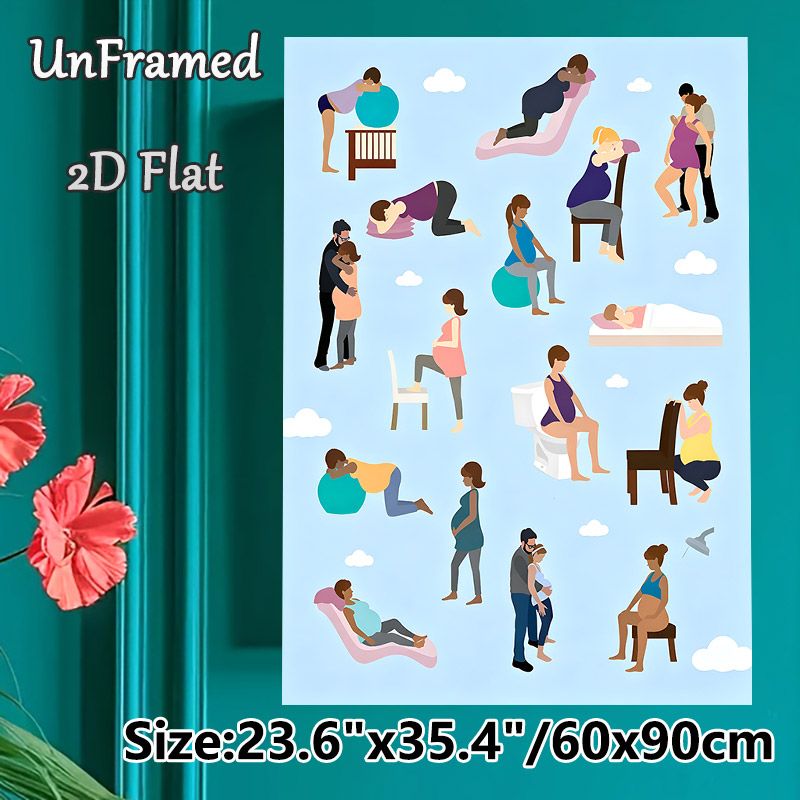 Labor & Delivery Positions Painting Poster, Flat-style Illustrated Pregnancy Birthing Positions Poster, Practical Birthing Position Guide For_maomaolike.com