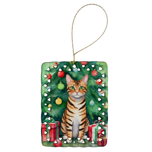Toyger Cat By The Christmas Tree Porcelain Ornament Christmas Tree Hanging Decorations For Home Christmas Holiday, Rectangle, Gift, Multicolor_maomaolike.com