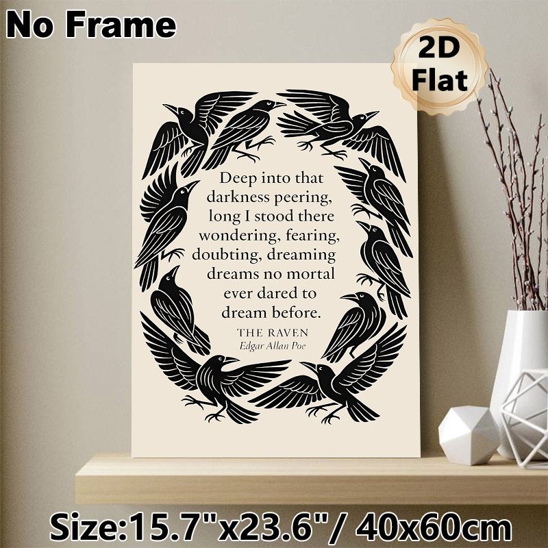 Raven Themed Literary Quote Painting Poster, Monochrome Black Raven Wreath Poster, Classic Poetry-inspired Wall Decor Suitable For Study, Living Room_maomaolike.com