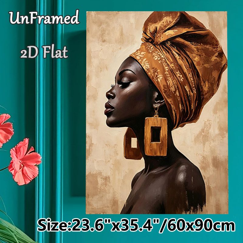 African Woman Painting Poster, Elegant Oil Painting Style Poster, Warm-toned Portrait Of A Woman With Ornate Headwrap And Bold Earrings, Adds Cultural_maomaolike.com