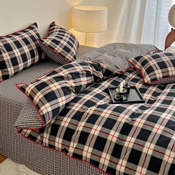 Wholesale INS Nordic Style Retro Plaid Triangle Needle Pure Four-Piece Set Full Shell Edge Yarn-Dyed Washed Cotton 4 Pieces_maomaolike.com