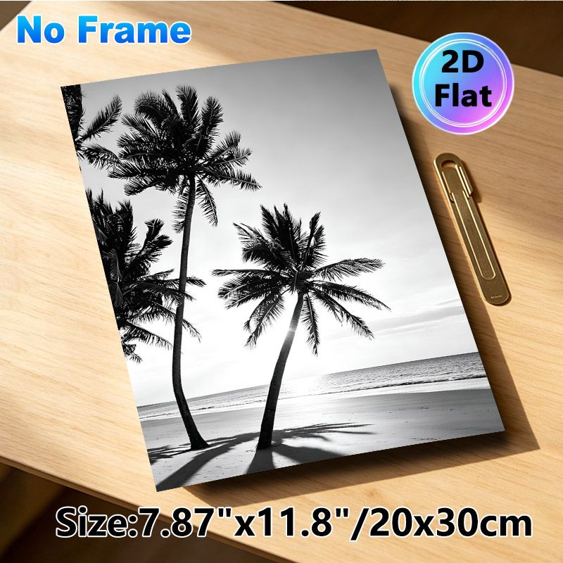 Beach Palm Tree Painting Poster, Monochrome Silhouetted Palm Trees On Sunlit Beach Poster, Provides Tranquil Coastal Atmosphere, Suitable For Living_maomaolike.com