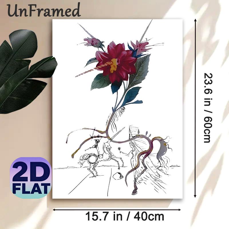 Surreal Floral & Fantasy Figure Painting Poster, Vibrant Mixed-media Surreal Poster, Combines Bold Burgundy Flower With Sketch-style Fantasy_maomaolike.com