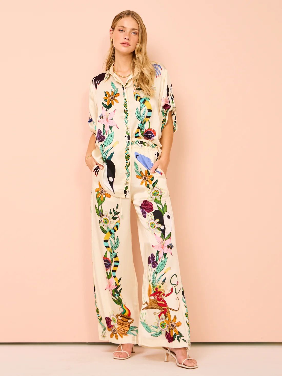 Women's clothing satin printed temperament short-sleeved shirt + trousers two-piece set_maomaolike.com